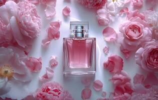 Elegant pink perfume bottle surrounded by fresh roses and petals on a white surface at daytime photo