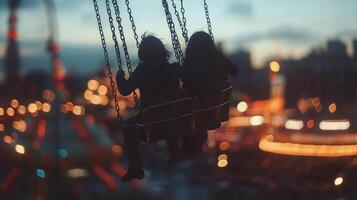 Couple enjoying a sunset ride on swings at a carnival in the evening photo