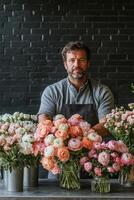 A florist arranging colorful bouquets in a rustic shop with a dark brick background photo