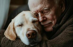 Elderly man enjoying a heartfelt moment with his loyal dog in a cozy indoor setting photo