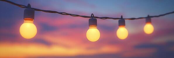 String lights glowing against a colorful sunset sky during an evening gathering photo
