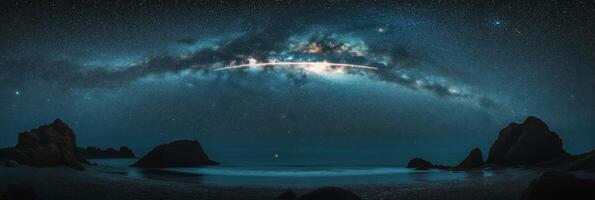 Captivating view of the Milky Way over a serene beach at night with rocks and gentle waves photo
