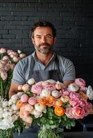 A florist arranging colorful bouquets in a rustic shop with a dark brick background photo