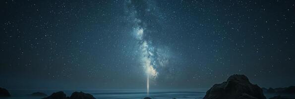 Captivating view of the Milky Way over a serene beach at night with rocks and gentle waves photo