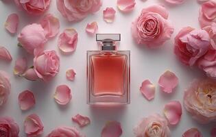 Elegant pink perfume bottle surrounded by fresh roses and petals on a white surface at daytime photo