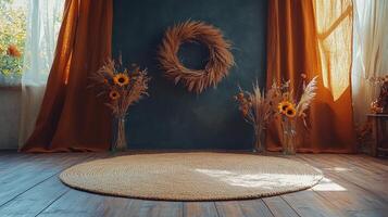 Cozy autumn decor with sunflowers and dried grass arranged in a warm, inviting setting photo