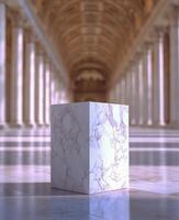 Marble block placed on the polished floor in a grand hallway of a historic architectural site photo