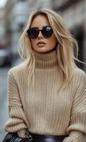 Stylish young woman in a beige turtleneck sweater walking through a city street on a sunny day photo