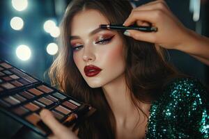 A model receives glamorous makeup application backstage during a fashion show in the evening photo