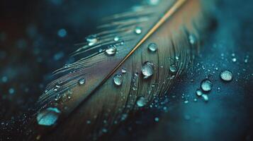 Raindrops glisten on a delicate feather resting on a soft surface in a serene environment photo