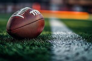 A close up view of a football resting on the field during a golden hour practice session photo