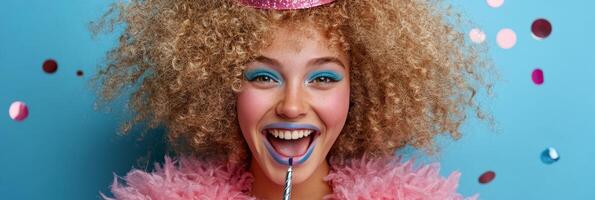 Stylish female model with curly hair and party attire posing against a vibrant blue background photo