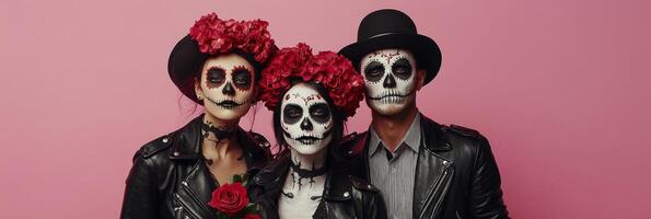 Three people in traditional Day of the Dead attire with elaborate face paint in a studio photo