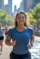 Young woman jogging along a sunny urban waterfront path in the city during the morning hours photo
