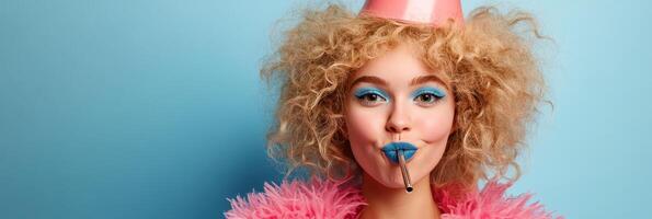 Stylish female model with curly hair and party attire posing against a vibrant blue background photo
