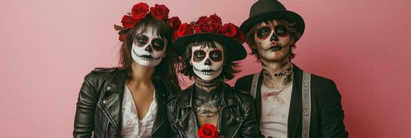 Three people in traditional Day of the Dead attire with elaborate face paint in a studio photo