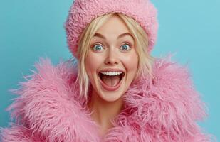 A joyful woman in a bright pink furry outfit and hat smiles widely against a blue background photo