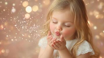 Little girl blowing sparkles with a dreamy expression in a soft, magical setting photo
