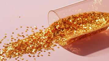 Golden star confetti spills from a glass onto a soft pink surface in a creative display photo
