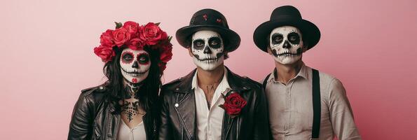 Three people in traditional Day of the Dead attire with elaborate face paint in a studio photo