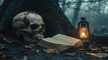 A glowing lantern illuminates an open book beside a skull under a tree at twilight photo
