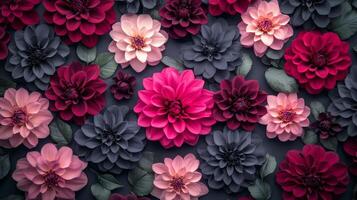 A vibrant arrangement of colorful dahlia flowers in deep green foliage photo