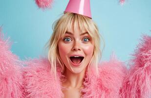 A joyful woman in a bright pink furry outfit and hat smiles widely against a blue background photo