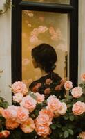 A woman walks past blooming pink roses near a charming doorway in a cozy garden setting photo