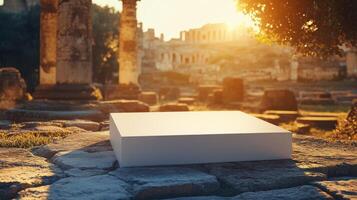 Modern minimalist platform in ancient Roman Forum during sunset with historical architecture photo