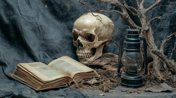 A glowing lantern illuminates an open book beside a skull under a tree at twilight photo