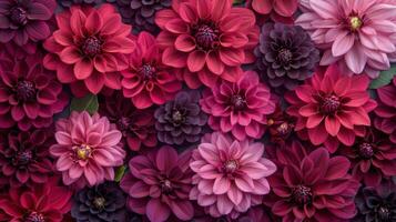 A vibrant arrangement of colorful dahlia flowers in deep green foliage photo