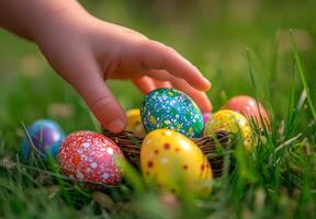 Children enjoy an Easter egg hunt in a lush green garden during springtime festivities photo