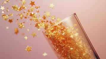 Golden star confetti spills from a glass onto a soft pink surface in a creative display photo