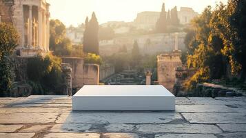 Modern minimalist platform in ancient Roman Forum during sunset with historical architecture photo