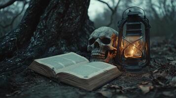 A glowing lantern illuminates an open book beside a skull under a tree at twilight photo