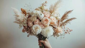 Elegant bouquet of roses and wildflowers held gently against a neutral background photo