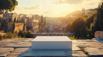 Modern minimalist platform in ancient Roman Forum during sunset with historical architecture photo