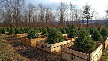 Winter tree farm with neatly arranged evergreen trees in wooden crates during the snowy season photo