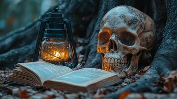 A glowing lantern illuminates an open book beside a skull under a tree at twilight photo