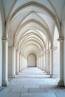 Elegant architectural passage featuring arches and a solitary tree during daylight photo