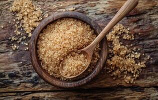 Brown sugar in a wooden bowl with a spoon placed on a rustic wooden table photo