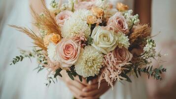 Elegant bouquet of roses and wildflowers held gently against a neutral background photo