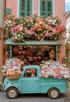 A vintage truck filled with vibrant roses parked in a charming flower market in Italy photo