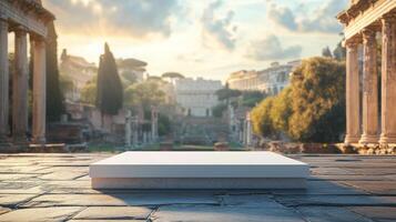 Modern minimalist platform in ancient Roman Forum during sunset with historical architecture photo