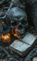 Skull and old book with lantern in a dark, atmospheric setting surrounded by dried leaves photo