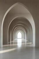 Elegant architectural passage featuring arches and a solitary tree during daylight photo