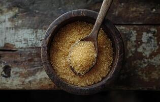 Brown sugar in a wooden bowl with a spoon placed on a rustic wooden table photo