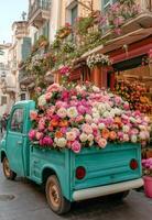 A vintage truck filled with vibrant roses parked in a charming flower market in Italy photo