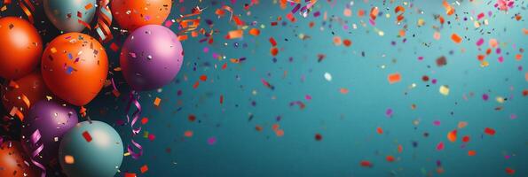 Colorful balloons float amidst vibrant confetti against a bright blue background photo
