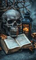 Skull and old book with lantern in a dark, atmospheric setting surrounded by dried leaves photo